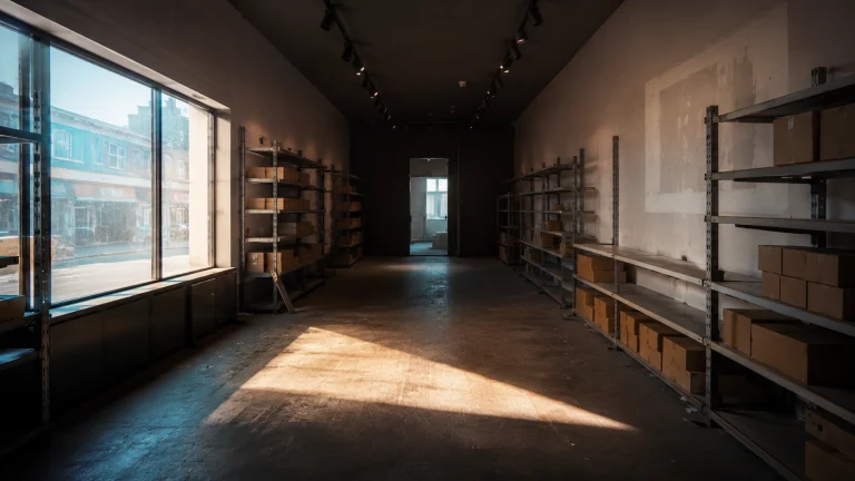 Empty retail shopfront mid-clearance, bare shelving and unbranded boxes lit by afternoon window light